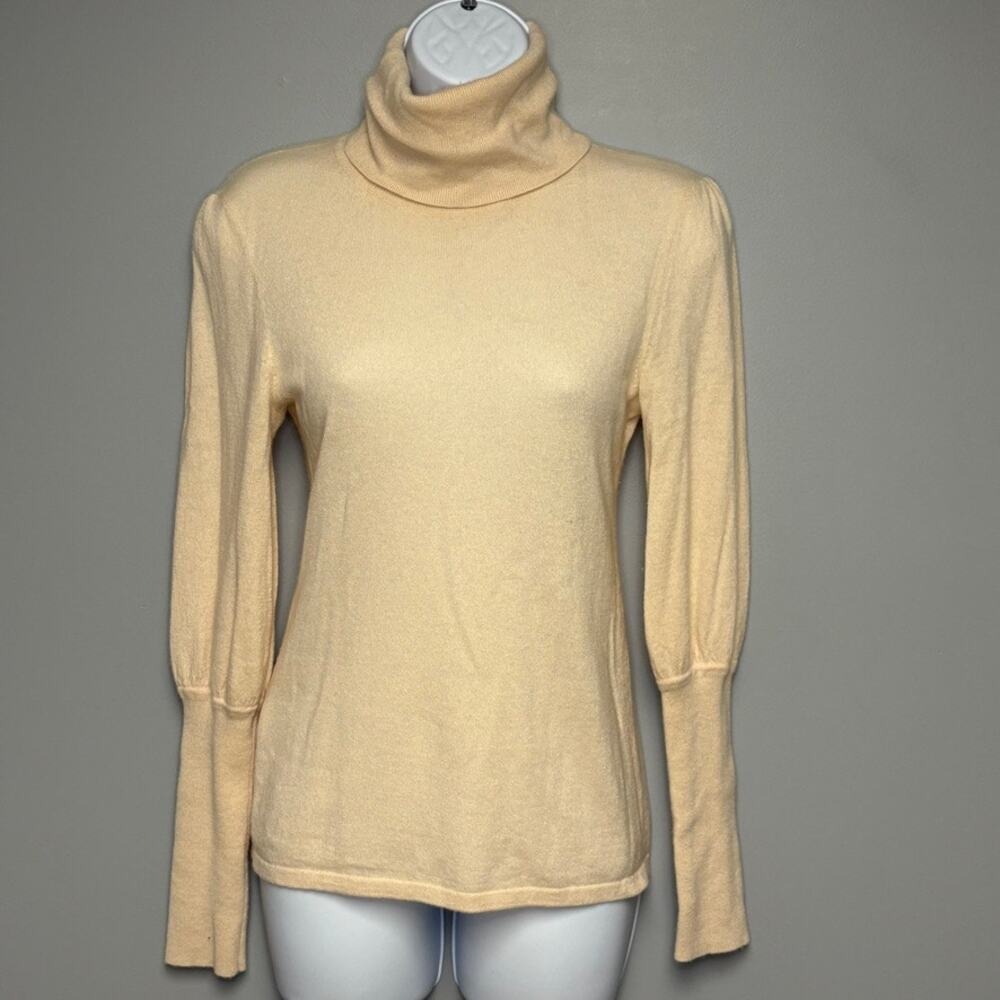 Neutral Minimalist Cream Wool Blend Y2K‎ Turtleneck Puff Sleeve Top Womens Sz S